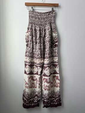 Smocked High-Waist Elephant Print Wide-Leg Pants - Cream & Burgundy